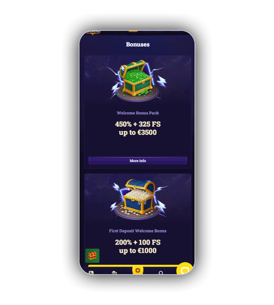 Emperia Casino Bonusseite mit Welcome Bonus Pack 450% + 325 FS und First Deposit Welcome Bonus 200% + 100 FS
