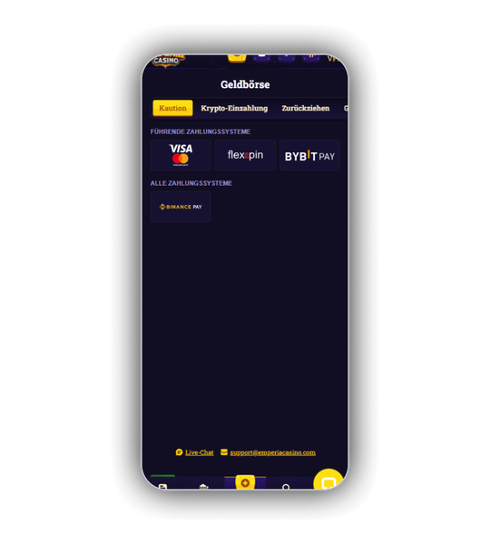 Emperia Casino Geldboerse mit Visa, Flexepin, Bybit Pay und Binance Pay