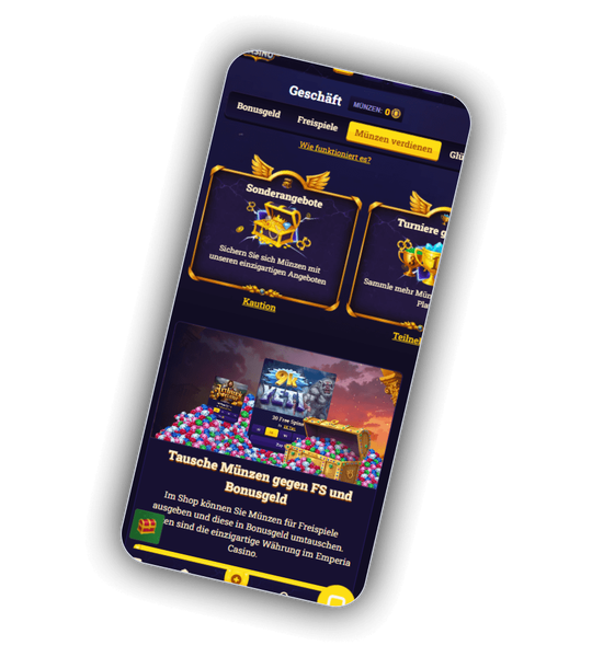Emperia Casino Geschaeft mit Sonderangeboten, Turnieren und Muenzentausch fuer Freispiele und Bonusgeld