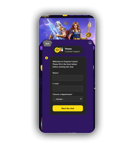 Emperia Casino Live-Chat Support-Formular mit Name, E-Mail und Abteilung