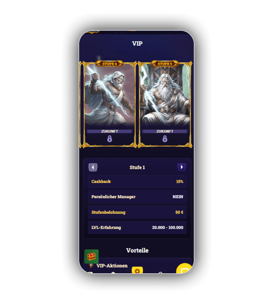 Emperia Casino VIP-Klub mit Stufe 4 und Stufe 5 im Zeus-Motiv